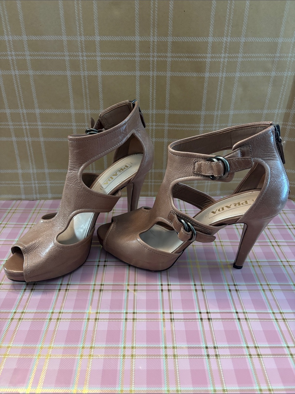 Prada Blush Brown Cutout Peep-Toe High Heel Sandals